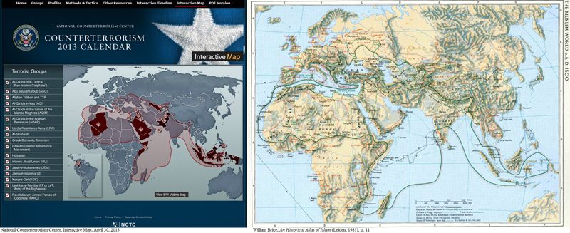 Screenshot of the National Counter Terrorism Center Interactive Map , April 30, 2013 (left), and "The Muslim World circa A.D. 1500," from William Brice, An Historical Atlas of Islam (Leiden, 1981), p. 11.