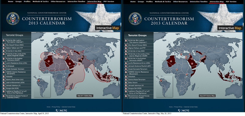 Screenshots of the National Counterterrorism Interactive Map, April 30, 2013 (left), and May 28, 2013 (right).