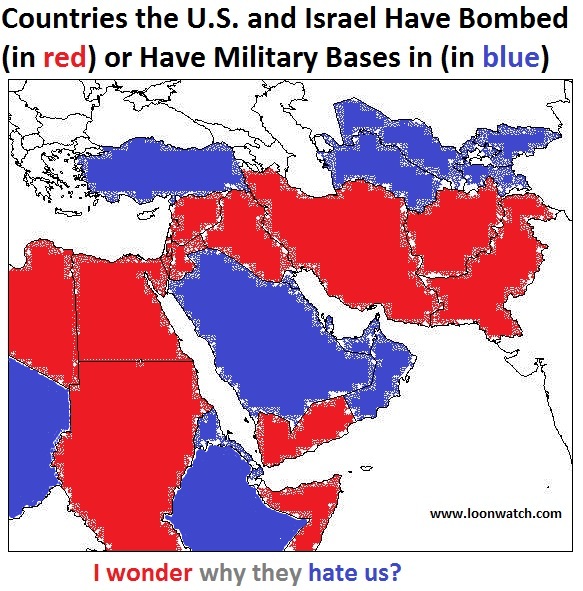 map of countries US/Israel have bombed or in which US has bases