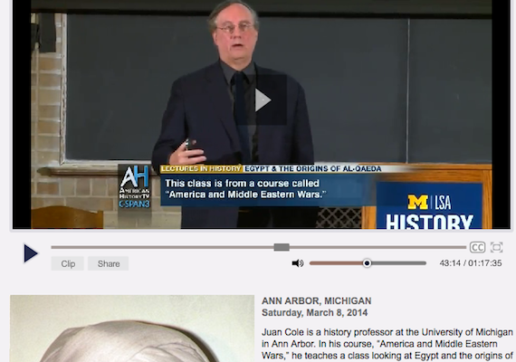 Cole @ C-Span:  Egypt and the Birth of al-Qaeda (video lecture)