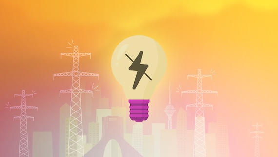 Illustration of an electricity-generating plant with a light bulb at the front. Illustration courtesy of Iran Open Data.